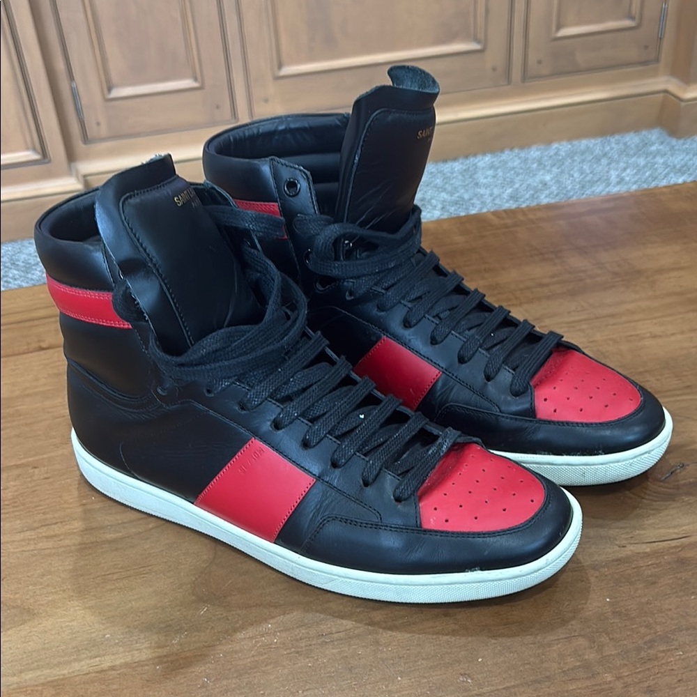 Saint Laurent YSL Men's Black and Red High-Top Sneakers